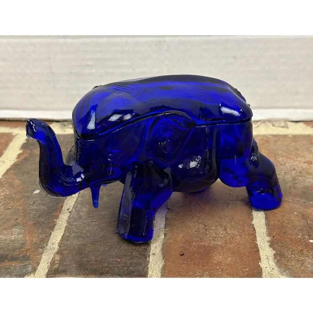 Tiara Glass Vintage Cobalt Blue Elephant Glass Candy Trinket Lidded Dish